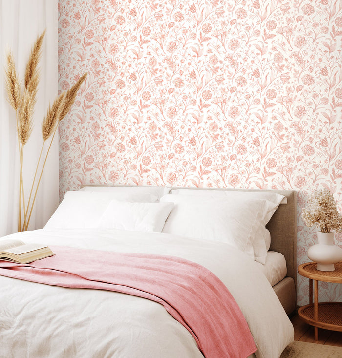 Floral Toile Wallpaper - Soft Coral