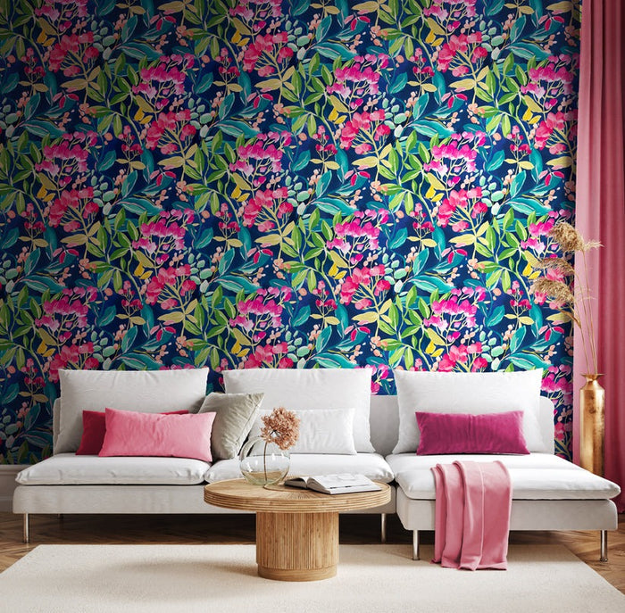 Florence Floral Riot Wallpaper - Ink/Fushcia