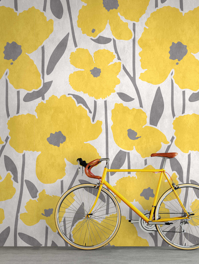 Flower Market - Yellow & Grey - Custom Sized Wallpaper Mural (per m2)