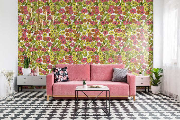 Flower Power Custom Sized Wallpaper Mural (per m2) - Pink