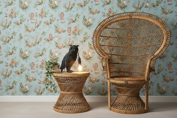 Owl Lamp with Cane Peacock Chair and Forest Friends Wallpaper