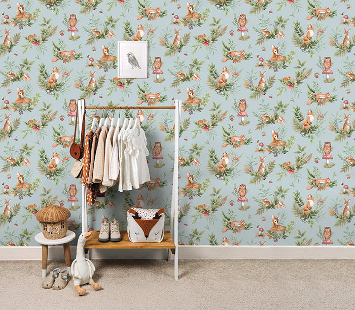 Forest Friends Wallpaper - Duck Egg Blue