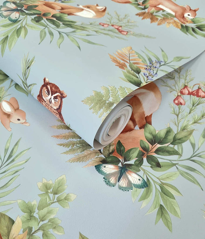 Forest Friends Wallpaper - Duck Egg Blue