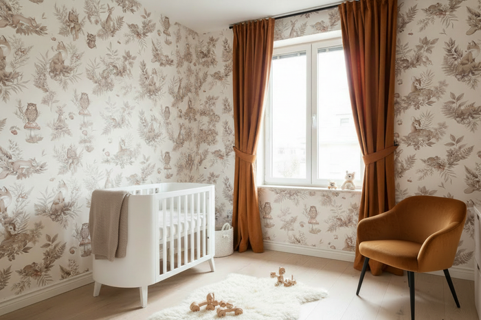 Nursery room with Forest Friends Wallpaper, honey velvet chair and coordinating blanket