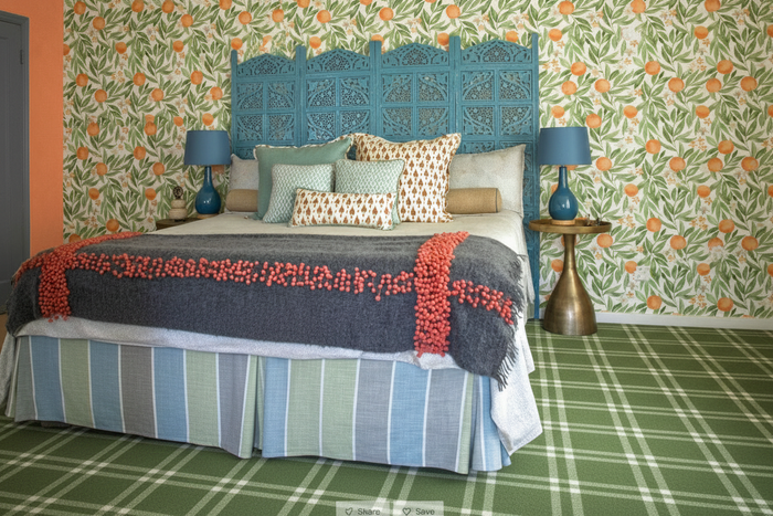 French Orange Wallpaper - Blue Lamps Room Shot