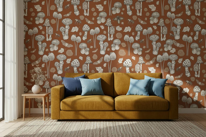 Fungi Autumn Room Shot - Yellow Velvet Sofa with Blue Cushions