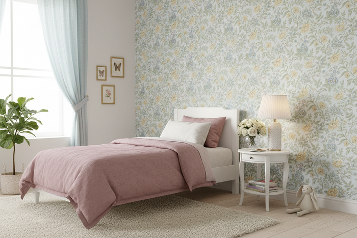 Girls' Bedroom with Dusky Pink Duvet and Light Blue Curtains