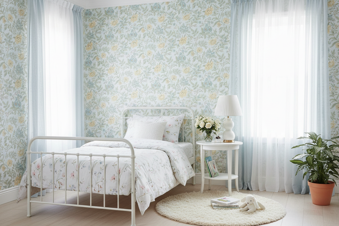 Girls' Bedroom with Garden Muse Wallpaper and Light Blue Curtains