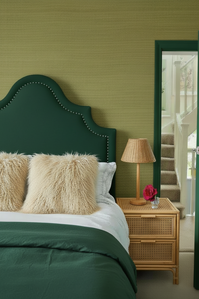 Bedroom with dark green bedspread