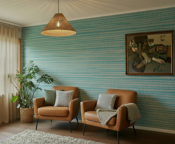 Room with two tan leather armchairs, turquoise grasscloth and natural linen curtains
