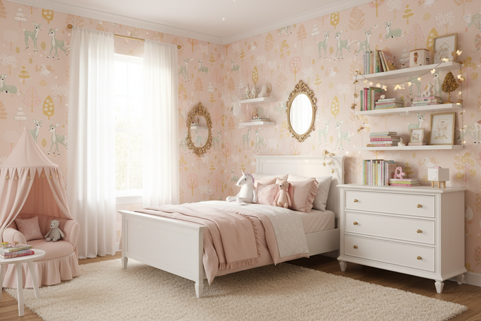 Girls room with Golden Woods Wallpaper