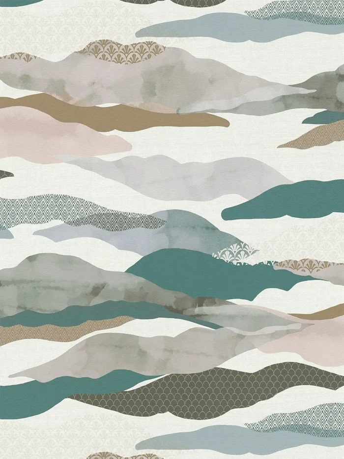 Graphic Wave and Palm Wallpaper - Taupe/Dusty Pink/Blue