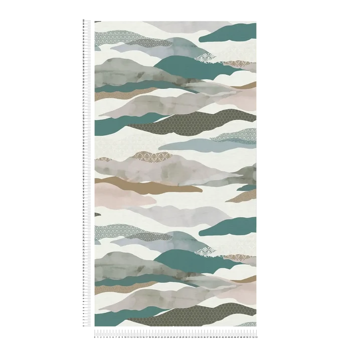 Graphic Wave and Palm Wallpaper - Taupe/Dusty Pink/Blue