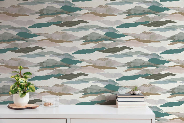 Graphic Wave and Palm Wallpaper - Taupe/Dusty Pink/Blue
