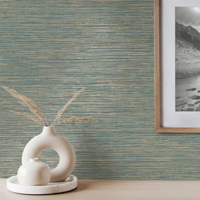 Grasscloth Wallpaper - Teal/Gold