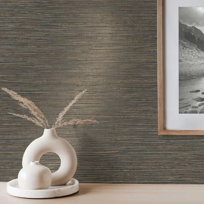 Grasscloth Wallpaper-Charcoal Gold