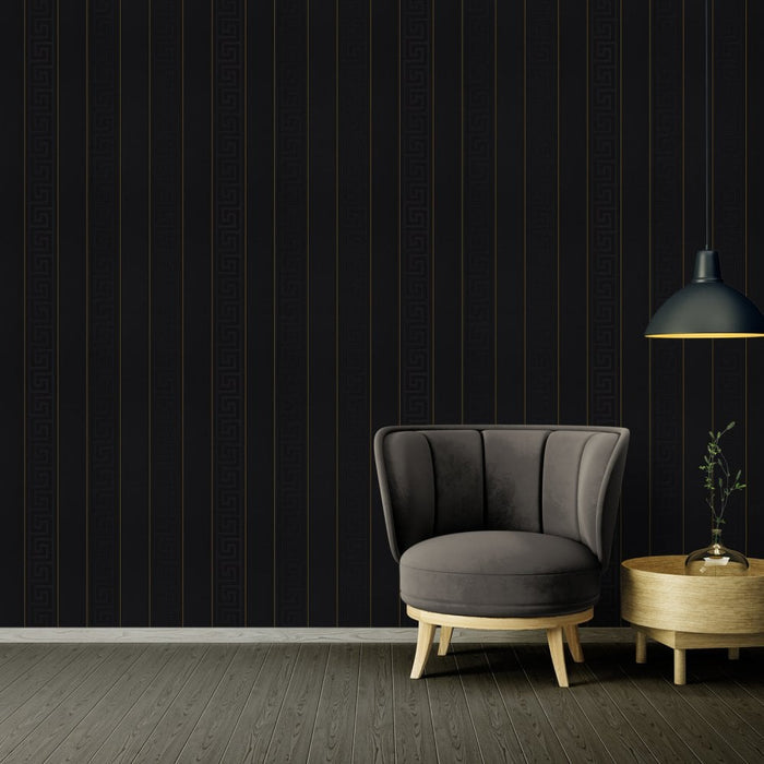 Versace Greek Key Stripe Wallpaper  - Black/Gold