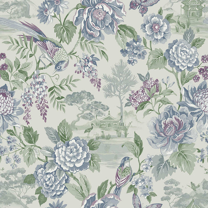 Hana wallpaper in Blue, showing peony blooms and a long-tailed bird over a sage green background