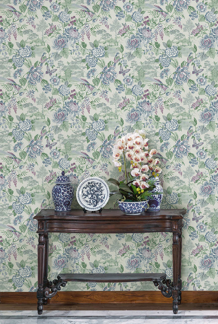 Hana wallpaper in Blue hung on a feature wall