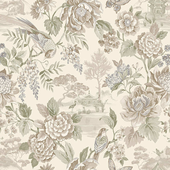 Hana wallpaper in Cream, showing a tonal peony bloom and long-tailed bird design