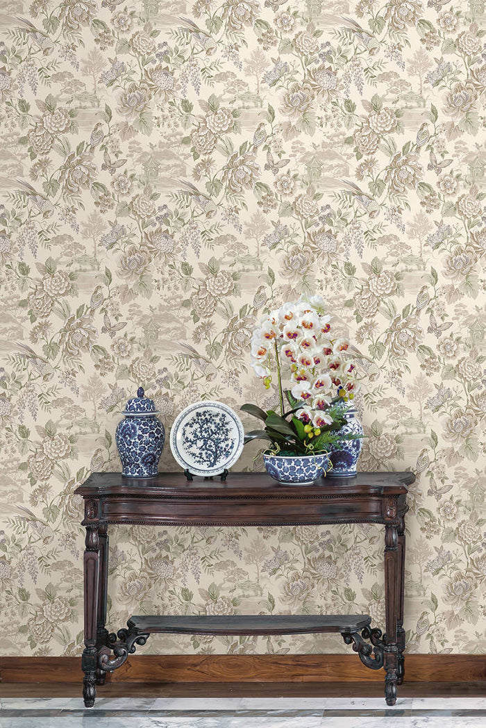 Hana wallpaper in Cream hung on a feature wall