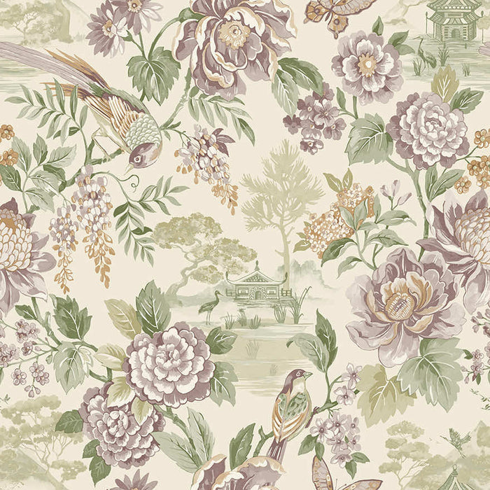 Hana wallpaper in Green/Cream, showing peony blooms and a long-tailed bird over a cream background