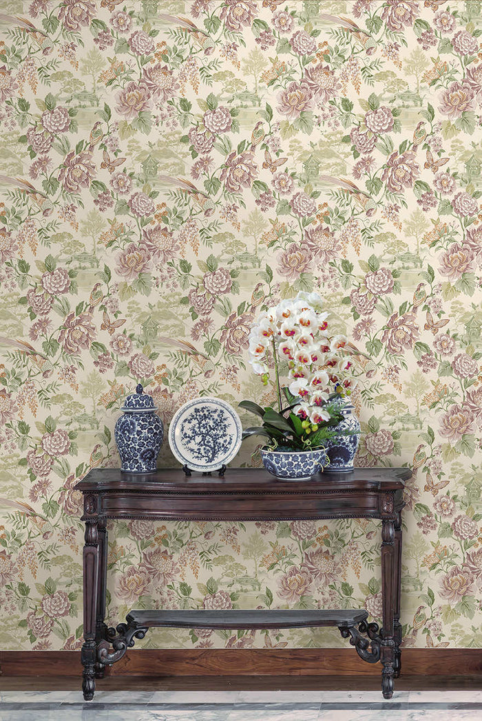 Hana wallpaper in Green/Cream hung on a feature wall