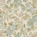 Hana wallpaper in Teal/Orange, showing peony blooms and a long-tailed bird over a cream background