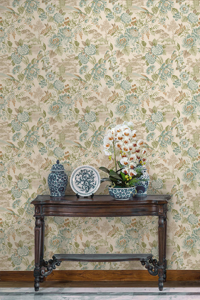 Hana wallpaper in Teal/Orange hung on a feature wall