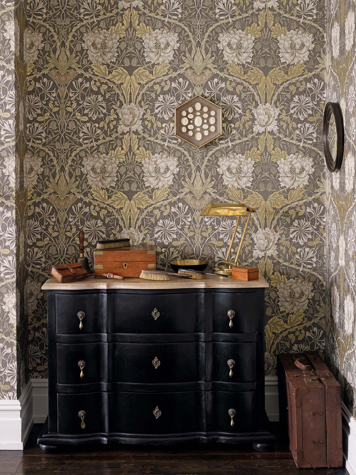 Honeysuckle and Tulip Wallpaper - Charcoal/Gold