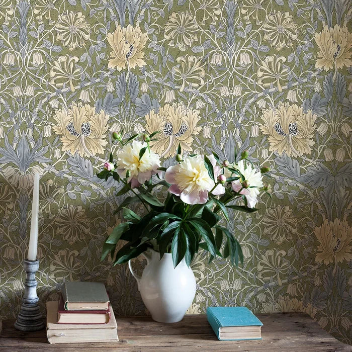 Honeysuckle and Tulip Wallpaper - Olive/Woad