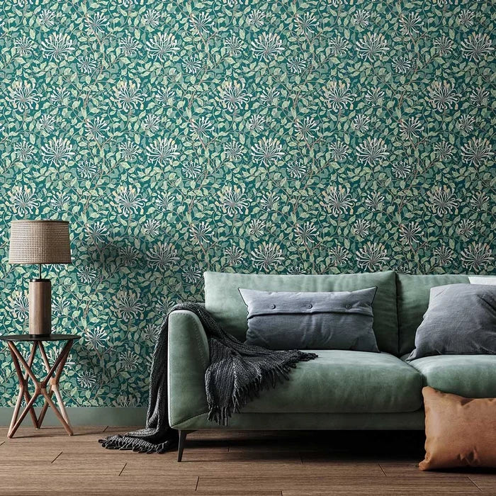 Honeysuckle Leaf Trail Wallpaper - Ohpopsi - Dark Jade