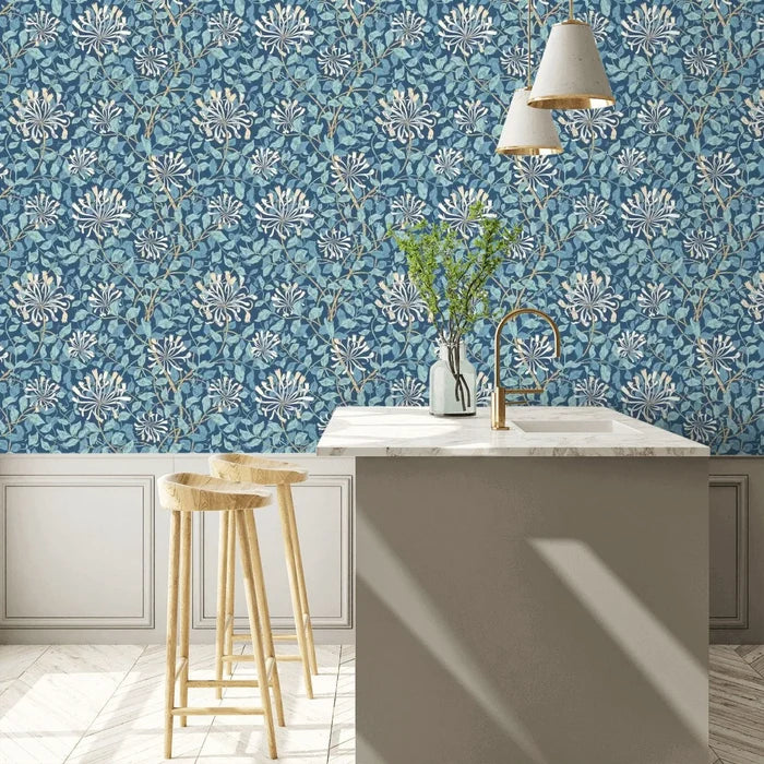 Honeysuckle Leaf Trail Wallpaper - Ohpopsi - Navy Blue