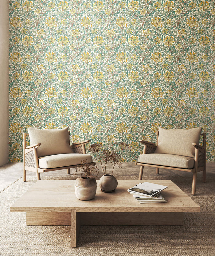 Honeysuckle Leaf Trail Wallpaper - Ohpopsi - Seafoam