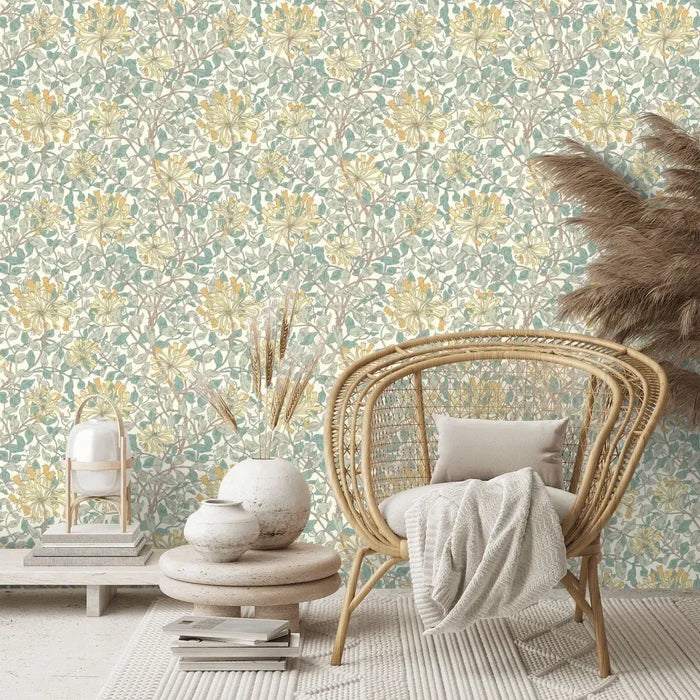 Honeysuckle Leaf Trail Wallpaper - Ohpopsi - Seafoam
