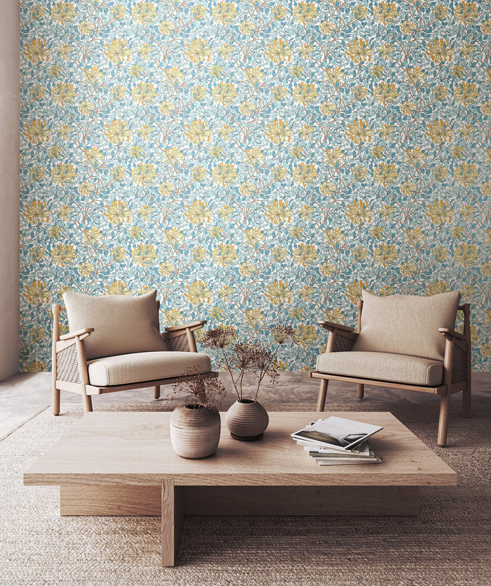Honeysuckle Leaf Trail Wallpaper - Ohpopsi - Soft Blue