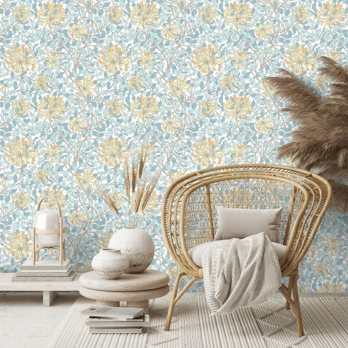 Honeysuckle Leaf Trail Wallpaper - Ohpopsi - Soft Blue