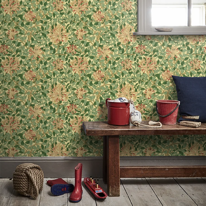 Honeysuckle Wallpaper - Green/Coral Pink