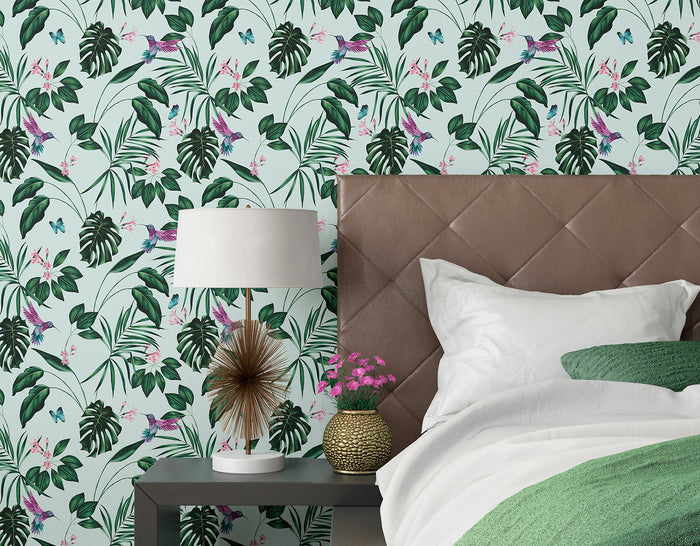 Hummingbird Wallpaper - Ohpopsi - Duck Egg