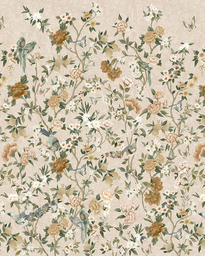 Imperial Gardens mural in Neutral, showing trailing peony branches with parrots and butterflies over a beige background