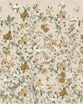 Imperial Gardens mural in Neutral, showing trailing peony branches with parrots and butterflies over a beige background