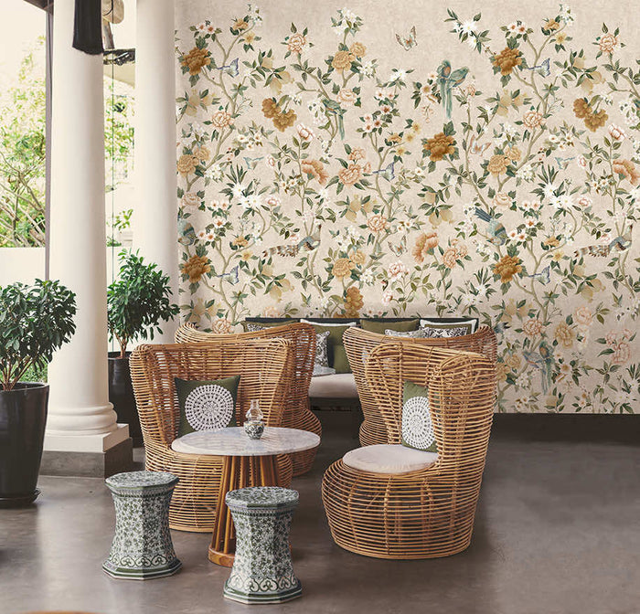 Imperial Gardens mural in Neutral hung on a feature wall