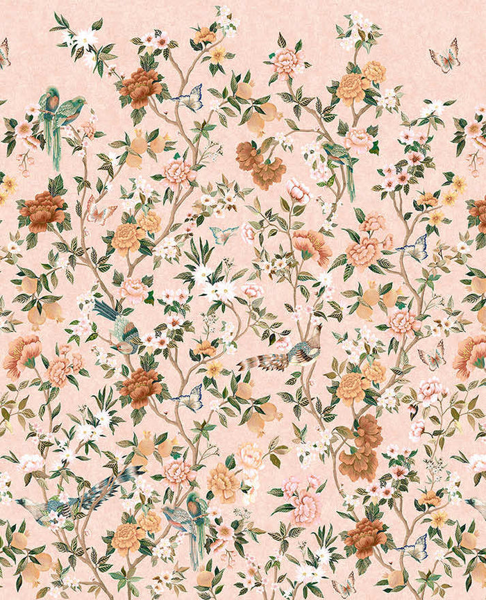 Imperial Gardens mural in Pink, showing trailing peony branches with parrots and butterflies over a pink background