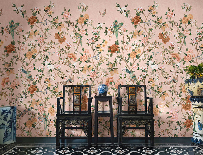 Imperial Gardens mural in Pink hung on a feature wall
