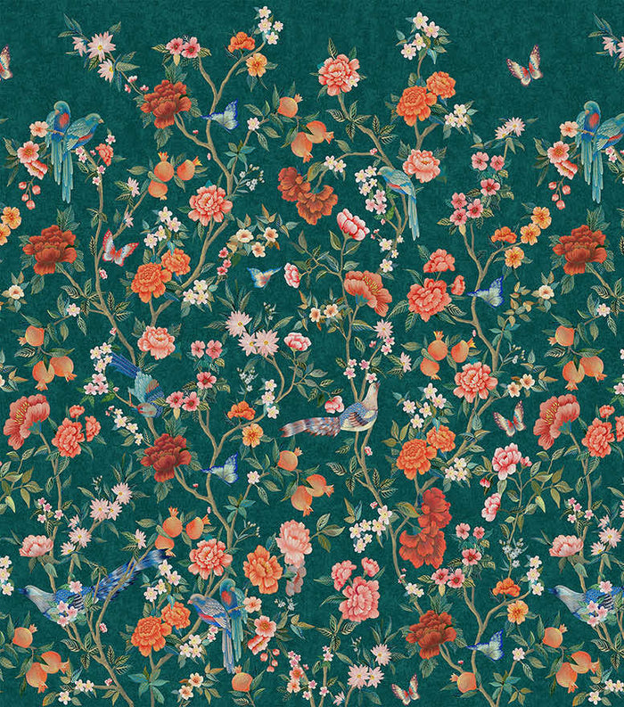 Imperial Gardens mural in Teal, showing trailing peony branches with parrots and butterflies over a teal background