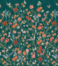 Imperial Gardens mural in Teal, showing trailing peony branches with parrots and butterflies over a teal background
