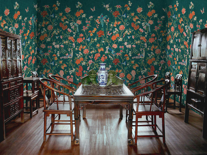 Imperial Gardens mural in Teal hung on a feature wall