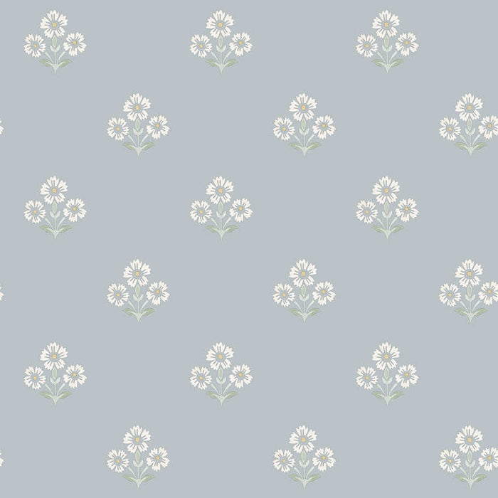 Isadora blue wallpaper with small daisy sprigs on an open background