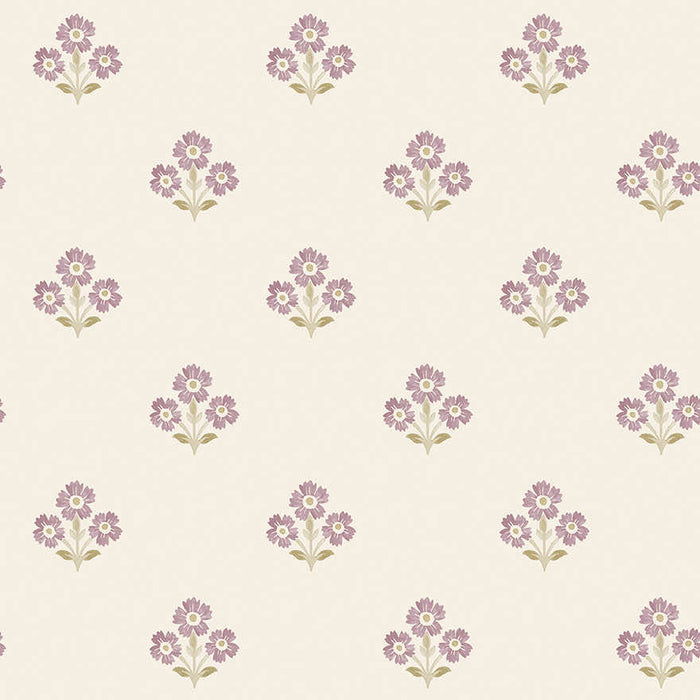 Isadora neutral and mulberry wallpaper with small plum daisy sprigs