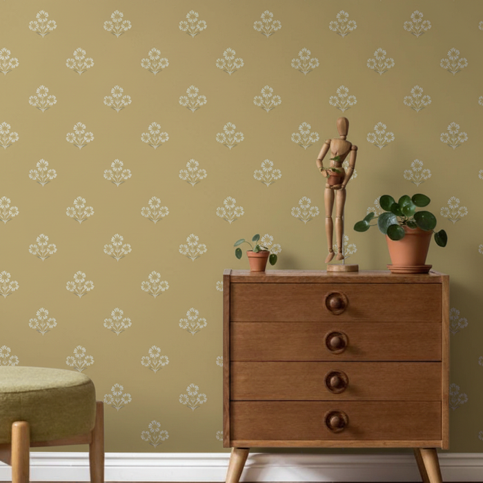 Room shot with Isadora Ochre wallpaper